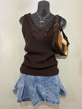 Nygard Collection Fairy Grunge Brown Mesh embroidered short sleeve blouse sz M